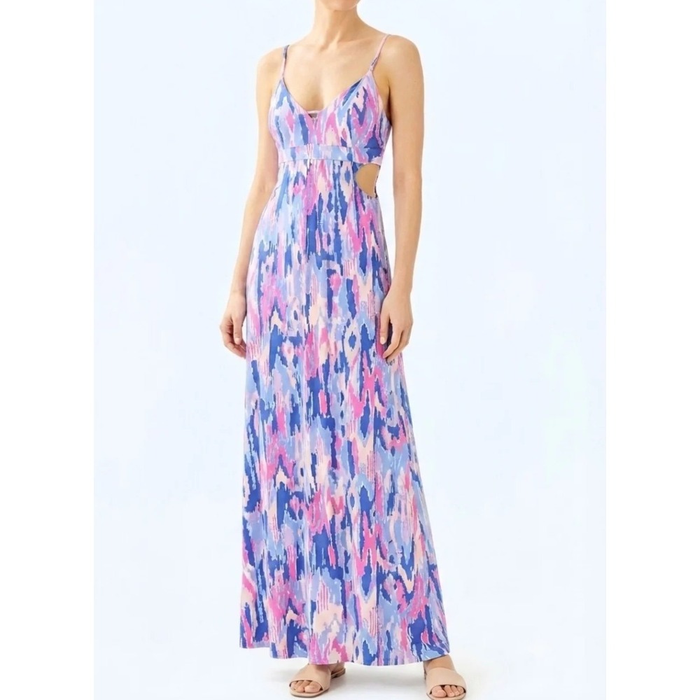 Lilly Pulitzer Linley Cut Out Maxi Dress Pink Blue Abstract Ikat sz XS
